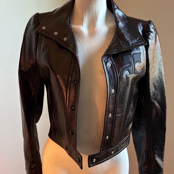 Courreges Jackets & Blazers - Women's Black Patent Leather Cropped Jacket with Embossed Logo